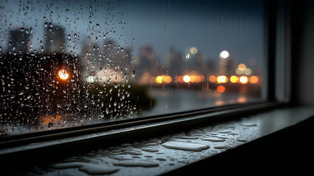 a rainy window offers a blurred view of city lights at night creating a moody and atmospheric indoor sceneの素材