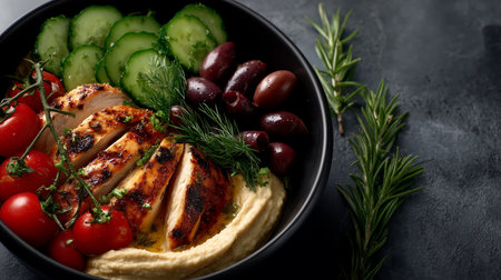 a bowl with grilled chicken, hummus, olives, cucumbers, and tomatoes, presented on a dark background tableの素材