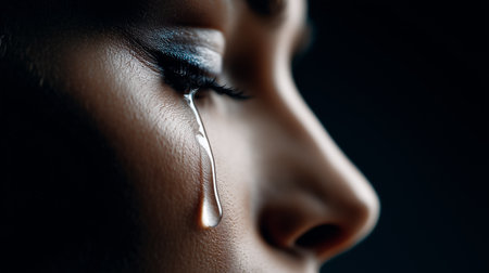 a close up portrait of a face with a single tear rolling down the cheek, set against a dark backgroundの素材