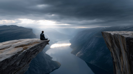a lone figure meditates peacefully on a rocky cliff, overlooking a stunning fjord under a dramatic sky.の素材