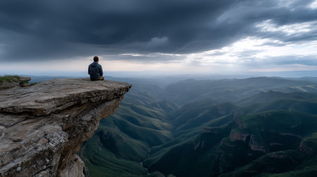 a person sits on a cliff edge overlooking a vast valley under a cloudy and dramatic sky in a serene viewの素材