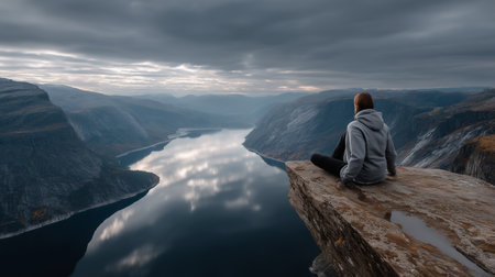 a person on a cliff overlooking a fjord with mountains in the background under a cloudy and overcast skyの素材