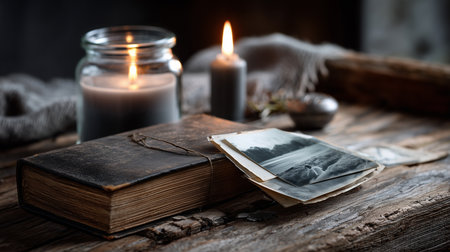 a rustic still life featuring an old book photographs and candles on a wooden surface creating a cozy sceneの素材