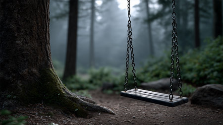 a wooden swing hangs from a tree in a misty forest with dense trees in the background on a cloudy dayの素材