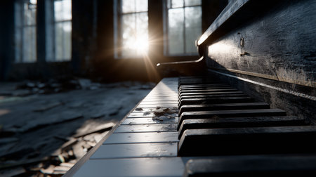 an old piano sits in a ruined room, sunlight streams through the windows, casting shadows on the keysの素材
