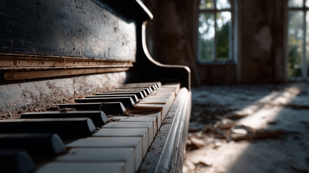 a close up of an old piano with damaged keys in a decaying and abandoned room with sunlight streaming inの素材