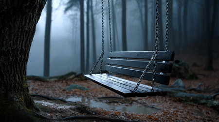 a lonely wooden swing hangs silently in a misty forest, creating a moody and ethereal atmosphere around itの素材