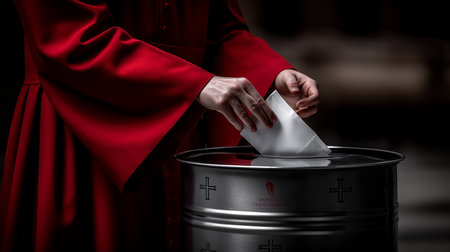 a person in a red robe is depositing a white envelope into a metal container with cross symbols on itの素材