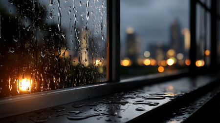 Raindrops on a window, city skyline blurred in the background. A dark and cloudy day outside the windowの素材