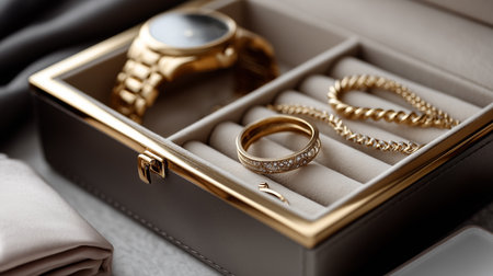 a close up of a jewelry box with a gold watch, ring, and bracelet inside, showcasing luxury and styleの素材