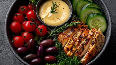 a close up of a bowl with grilled chicken, tomatoes, olives, cucumbers and yellow sauce on a dark backgroundの素材