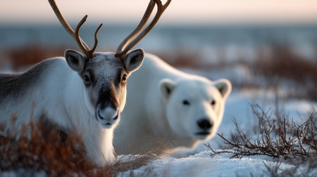a reindeer and a polar bear stand side by side in a snowy landscape, showcasing arctic wildlife beautyの素材
