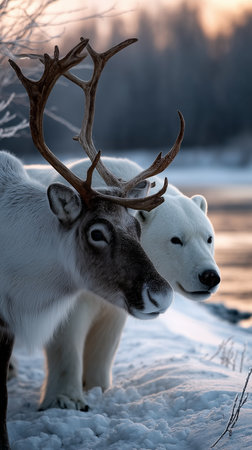 a reindeer and a polar bear stand side by side in a snowy winter landscape near a body of waterの素材
