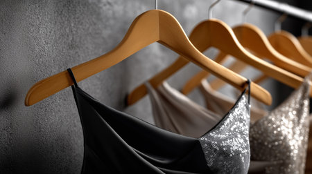 a close up shot of dresses with sequins hanging on wooden hangers against a gray textured wall backgroundの素材
