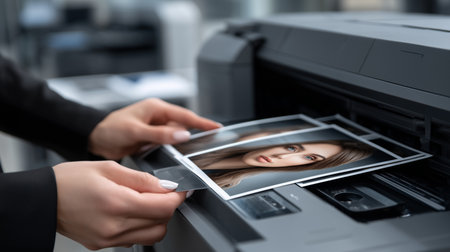 close up of a woman placing printed photographs into a modern office printer for professional useの素材