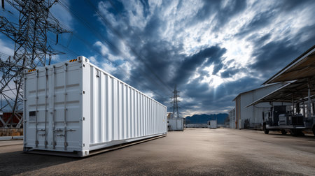 a white container sits on a lot with power lines and a cloudy sky creating an industrial landscapeの素材