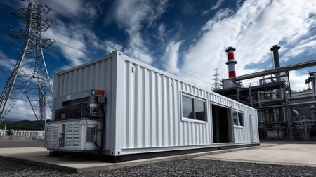 a white shipping container sits at an industrial site with power lines and a refinery behind it outside.の素材