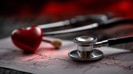 a stethoscope and a red heart sit atop an electrocardiogram, illuminated in a dimly lit environment.の素材