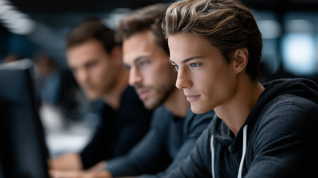three men are working together on computers in a modern office, focused and collaborating on a projectの素材