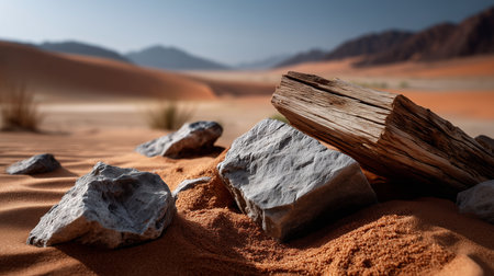 A desert scene featuring rocks and wood on sand dunes, creating a natural and arid landscape view.の素材