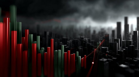 a stylized image of a city with a graph showing financial data, rendered in red and green bars.の素材