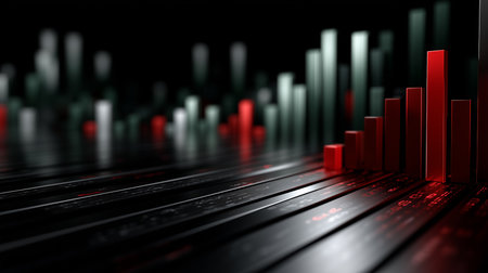 a modern abstract illustration of a rising red bar graph on a dark textured surface with bokeh lightsの素材