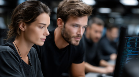 a man and a woman looking at a computer screen with code, with blurred people in the background.の素材