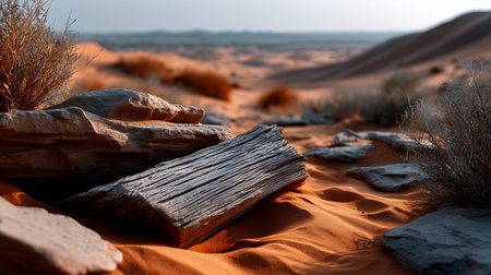 arid desert landscape featuring a weathered log, rocks, and sparse vegetation under a clear sky viewの素材