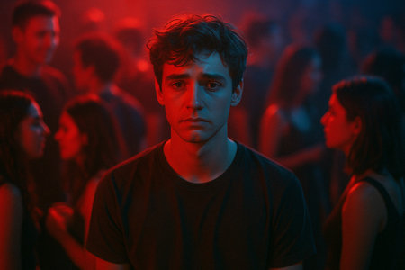 a young man in a black shirt stands amidst a crowd illuminated by vibrant red and blue club lightingの素材