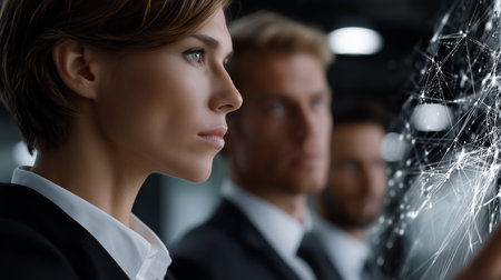 a woman in a suit looks ahead with intent, with blurred men and a network in the background, focused on the futureの素材