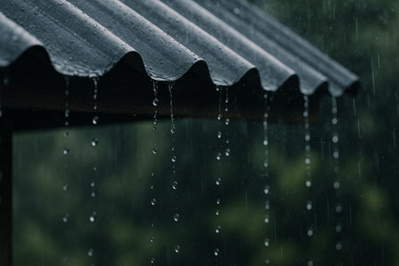 a close up view of rain falling from a metal roof with a blurred green background during a rainy dayの素材