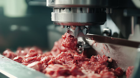 a close up shot of an industrial meat processing machine cutting raw meat into smaller pieces in a factoryの素材