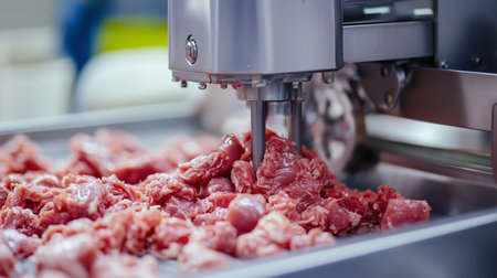 a close up shot of a meat processing machine with raw meat in a stainless steel tray ready for processingの素材