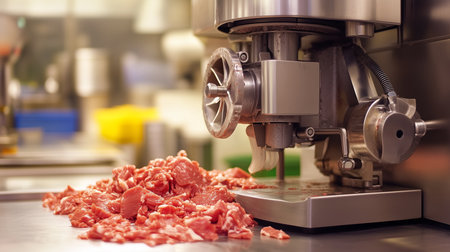 a close up shows a meat grinder with ground meat pounded next to it on a stainless steel surface in a kitchenの素材