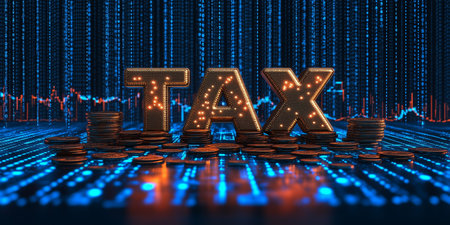 digital tax concept featuring glowing letters, stacked coins, and a blue and orange data stream backdropの素材