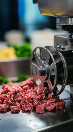 a close up shot of a meat grinder processing raw beef, kitchen setting, metal grinder, food preparationの素材