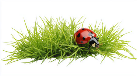 a ladybug crawls on a patch of green grass against a white background in a studio shot image.の素材