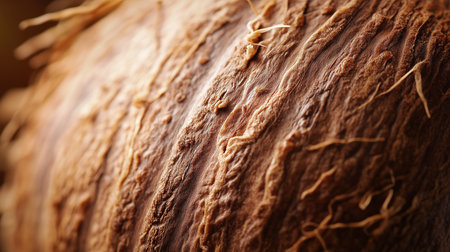 a detailed macro shot of the brown fibrous texture of a coconut shell showing its natural pattern close upの素材