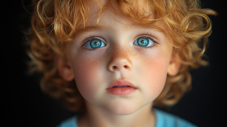 a close up shot of a young child with bright blue eyes and curly red hair looking at the cameraの素材