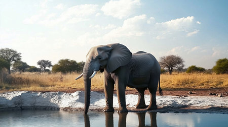 a large elephant drinks from a watering hole in a dry, grassy landscape under a bright, clear sky.の素材