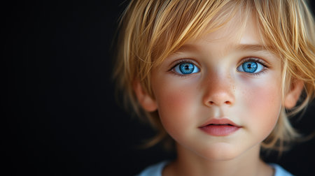 a captivating close up of a child with blonde hair and piercing blue eyes looking directly at the viewerの素材
