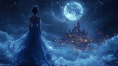 a woman in a gown looks at a castle under a full moon in a starry night sky with clouds around itの素材