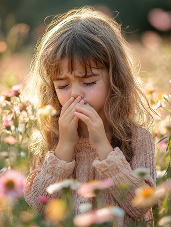 a young girl cries in a field of flowers, her hands covering her face, tears streaming down her cheeksの素材