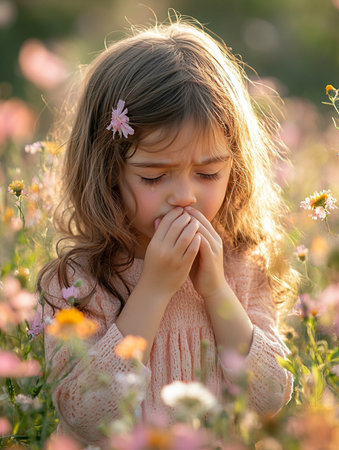a young girl is crying in a field of flowers on a sunny day with a flower in her hair outdoorsの素材