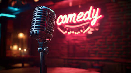 a vintage microphone stands on a stage with a neon comedy sign illuminating the background at a comedy clubの素材