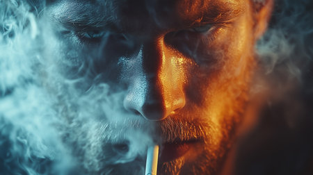 a man smoking a cigarette with dramatic lighting on his face showing the smoke and beard detail close upの素材