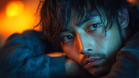 a close up of a man with wet hair looking intensely at the viewer in blue and orange dramatic lightの素材