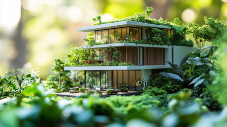 a modern house model with plants, showcasing sustainable design and eco friendly architecture outdoors.の素材