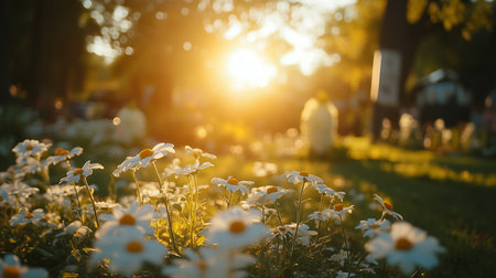 a field of daisies is lit by the sun with trees and gravestones in the background on a beautiful dayの素材