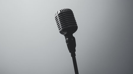 a grayscale image featuring a vintage microphone against a light gray background, creating a classic feelの素材